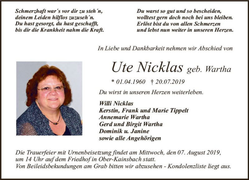  Traueranzeige für Ute Nicklas vom 03.08.2019 aus vrm-trauer