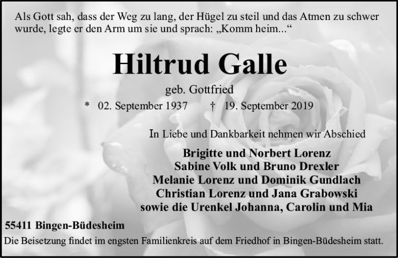  Traueranzeige für Hiltrud Galle vom 21.09.2019 aus vrm-trauer