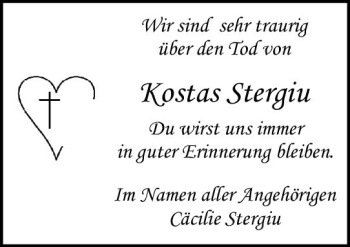 Traueranzeige von Kostas Stergiu von vrm-trauer