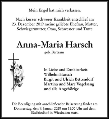 Traueranzeige von Anna-Maria Harsch von vrm-trauer