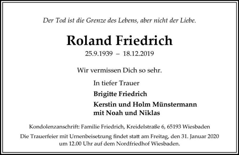 Traueranzeigen Von Roland Friedrich Vrm Trauer De