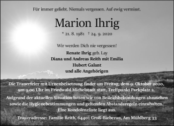 Traueranzeige von Marion Ihrig von vrm-trauer