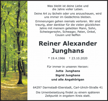 Traueranzeigen von Reiner Alexander Junghans www.vrm trauer.de