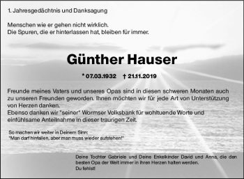 Traueranzeige von Günther Hauser von vrm-trauer