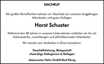 Traueranzeige von Horst Schuster von vrm-trauer