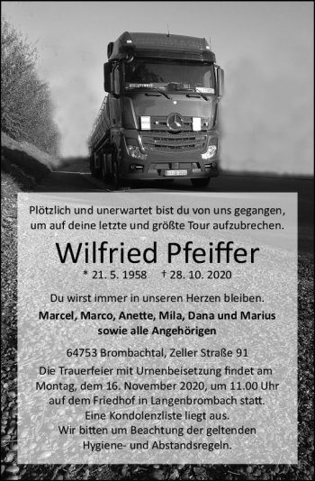 Traueranzeige von Wilfried Pfeiffer von vrm-trauer