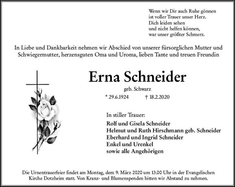 Traueranzeigen Von Erna Schneider Www Vrm Trauer De