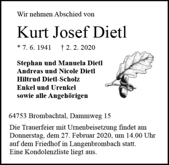 Traueranzeige von Kurt Josef Dietl von vrm-trauer