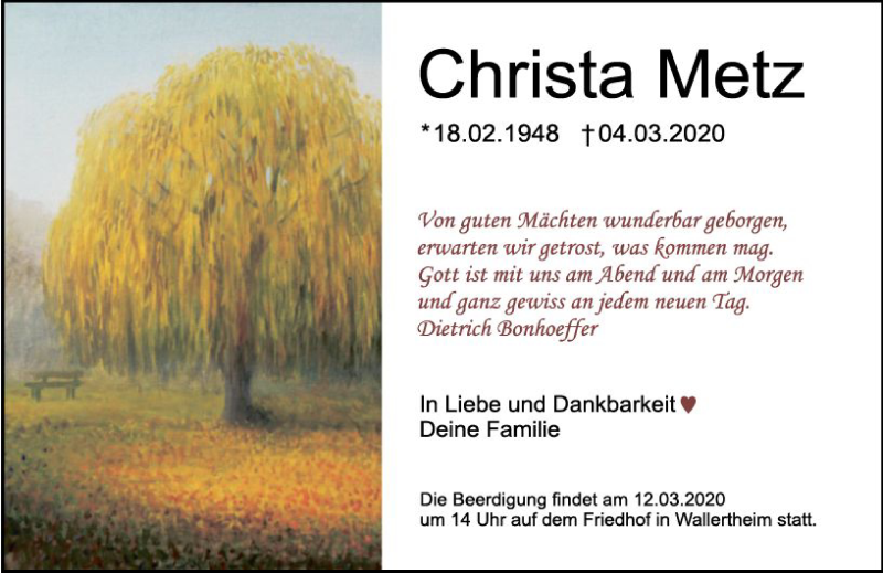  Traueranzeige für Christa Metz vom 07.03.2020 aus vrm-trauer