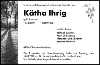 Traueranzeige von Kätha Ihrig von vrm-trauer