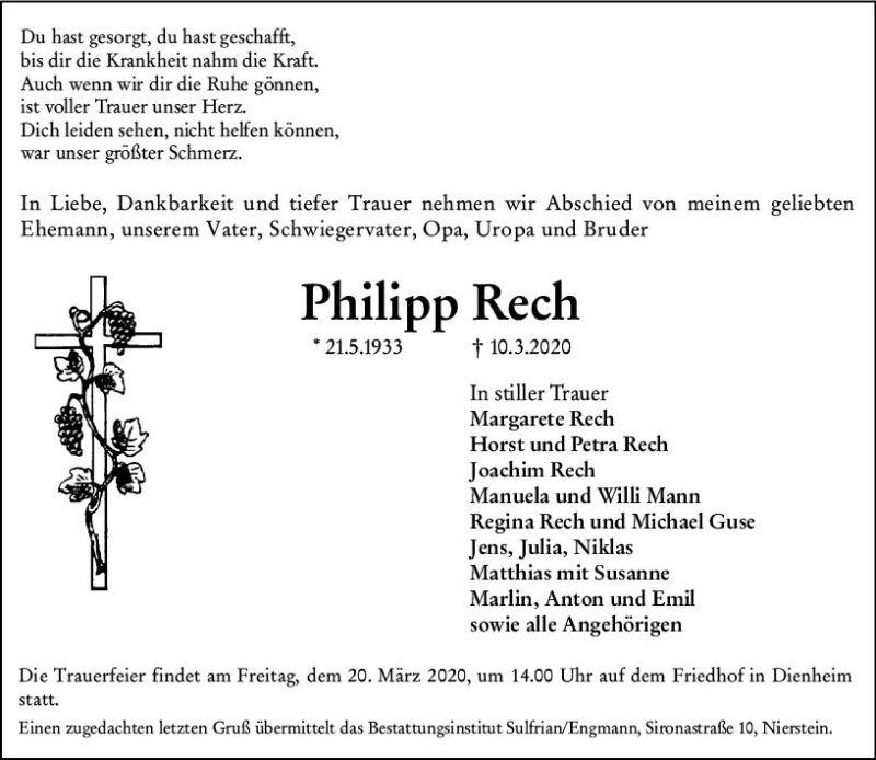  Traueranzeige für Philipp Rech vom 14.03.2020 aus vrm-trauer