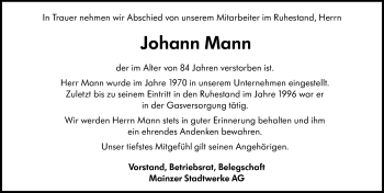 Traueranzeige von Johann Mann 