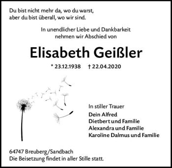 Traueranzeigen von Elisabeth Geißler | www.vrm-trauer.de