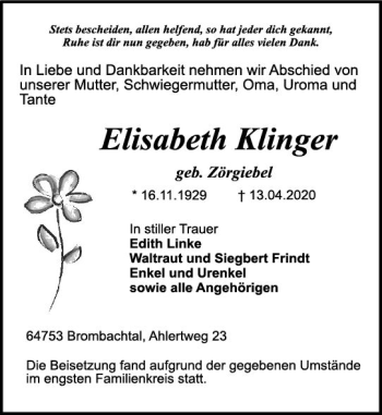 Traueranzeige von Elisabeth Klinger von vrm-trauer