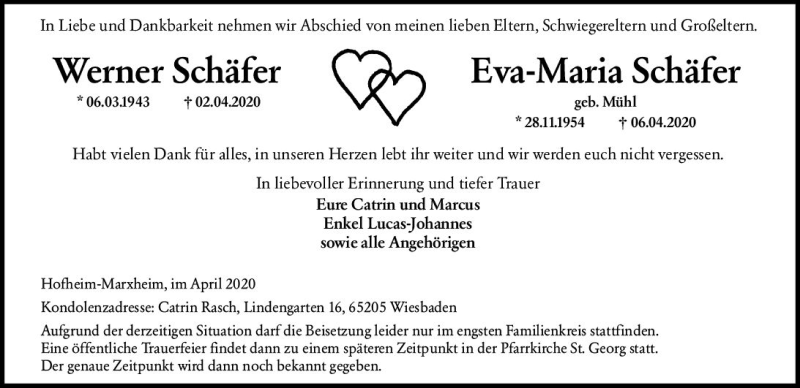  Traueranzeige für Eva-Maria Schäfer vom 30.04.2020 aus vrm-trauer