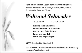 Traueranzeige von Waltraud Schneider von vrm-trauer