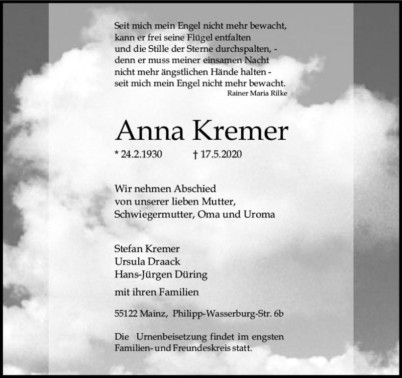 Traueranzeigen Von Anna Kremer Www Vrm Trauer De