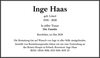 Traueranzeige von Inge Haas von vrm-trauer