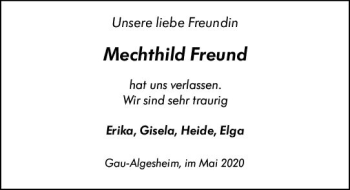 Traueranzeige von Mechthild Freund von vrm-trauer