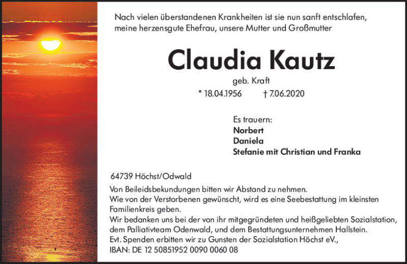  Traueranzeige für Claudia Kautz vom 10.06.2020 aus vrm-trauer