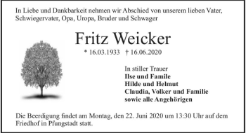 Traueranzeige von Fritz Weicker von vrm-trauer