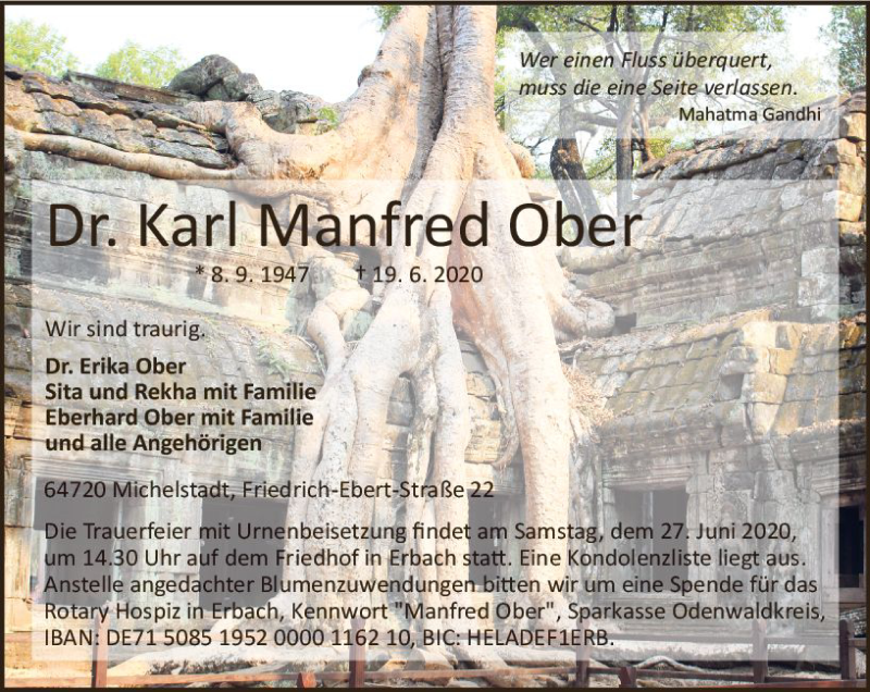  Traueranzeige für Karl Manfred Ober vom 24.06.2020 aus vrm-trauer