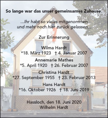 Traueranzeige von Wilma Hardt von vrm-trauer