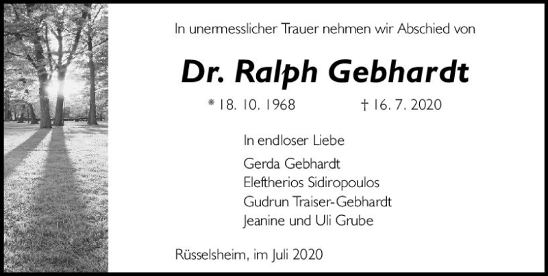  Traueranzeige für Ralph Gebhardt vom 25.07.2020 aus vrm-trauer