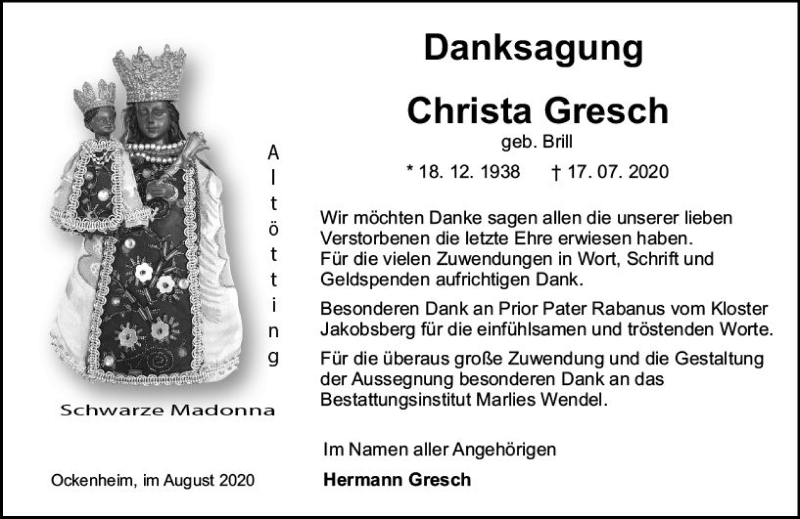 Traueranzeigen Von Christa Gresch Vrm Trauer De