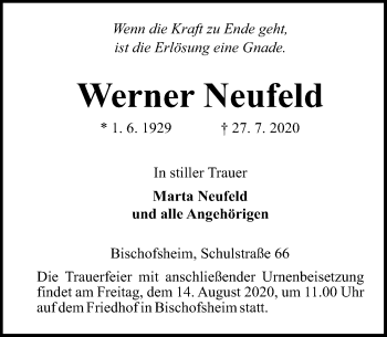 Traueranzeige von Werner Neufeld von vrm-trauer