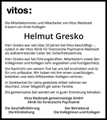 Traueranzeige von Helmut Gresko von vrm-trauer