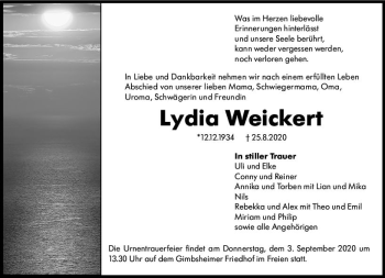 Traueranzeige von Lydia Weickert von vrm-trauer