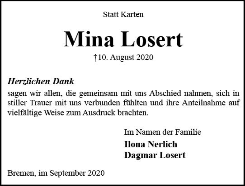  Traueranzeige für Mina Losert vom 05.09.2020 aus vrm-trauer