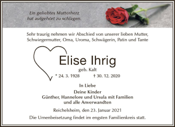 Traueranzeige von Elise Ihrig von vrm-trauer