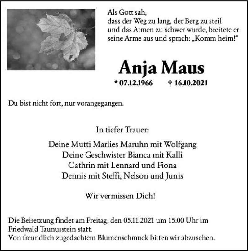  Traueranzeige für Anja Maus vom 30.10.2021 aus vrm-trauer