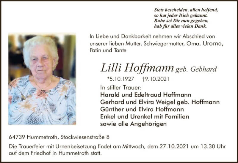 Traueranzeigen von Lilli Hoffmann | www.vrm-trauer.de