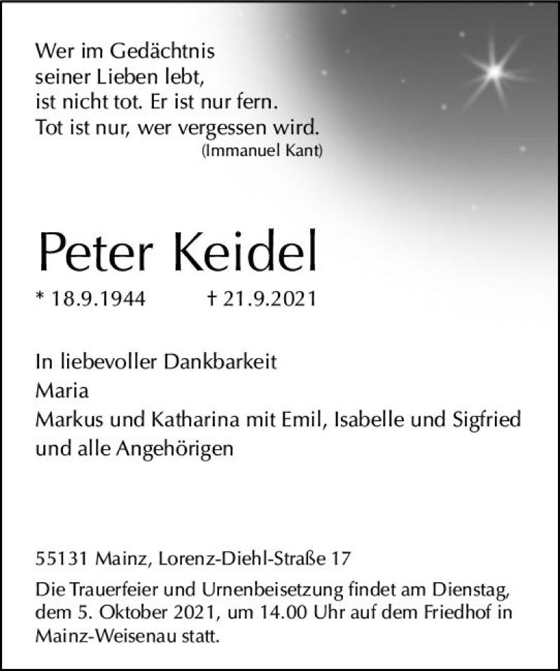  Traueranzeige für Peter Keidel vom 02.10.2021 aus vrm-trauer