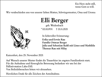 Traueranzeige von Elli Berger von  Wetzlarer Neue Zeitung