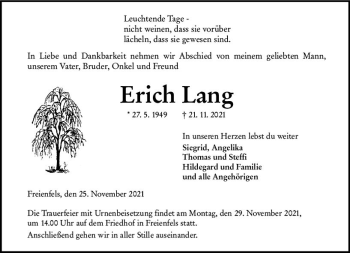 Traueranzeige von Erich Lang von  Weilburger Tageblatt