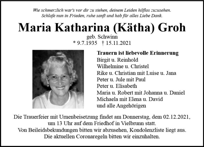 Traueranzeigen Von Maria Katharina Groh Vrm Trauer De