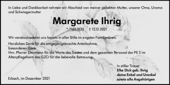 Traueranzeige von Margarete Ihrig von vrm-trauer