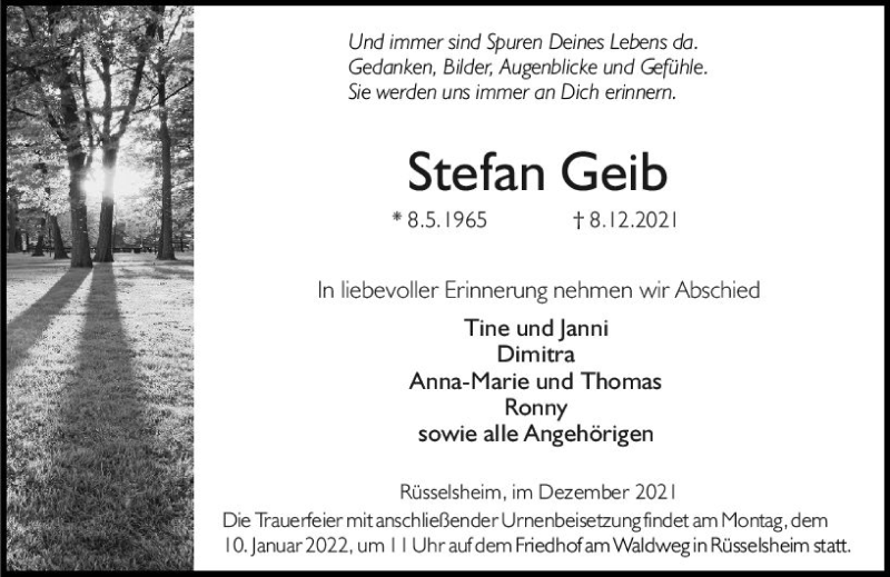  Traueranzeige für Stefan Geib vom 31.12.2021 aus vrm-trauer