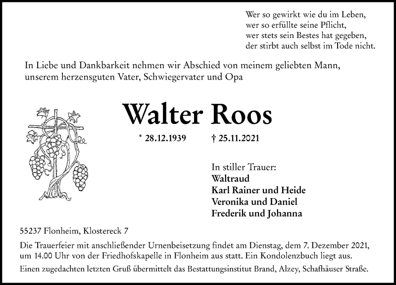  Traueranzeige für Walter Roos vom 04.12.2021 aus vrm-trauer