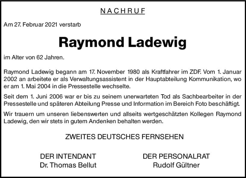  Traueranzeige für Raymond Ladewig vom 13.03.2021 aus vrm-trauer