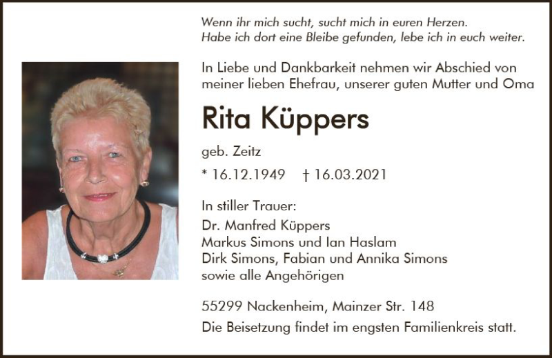 Traueranzeigen Von Rita Küppers Vrm Trauerde 4928