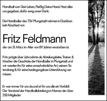 Traueranzeige von Fritz Feldmann von vrm-trauer