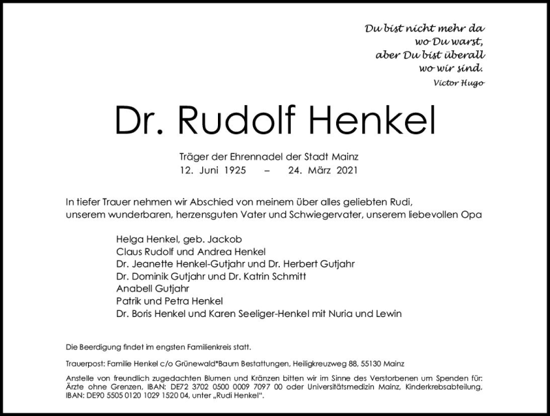 Traueranzeigen von Rudolf Henkel www.vrmtrauer.de