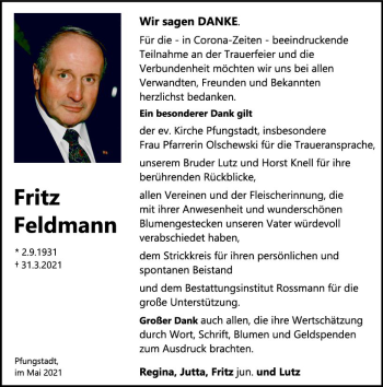 Traueranzeige von Fritz Feldmann von vrm-trauer