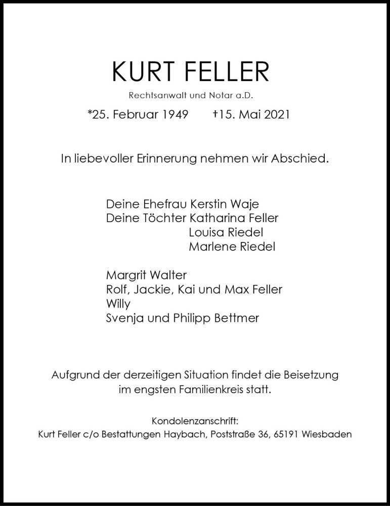  Traueranzeige für Kurt Feller vom 22.05.2021 aus vrm-trauer