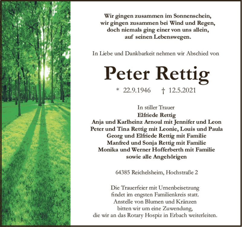  Traueranzeige für Peter Rettig vom 22.05.2021 aus vrm-trauer